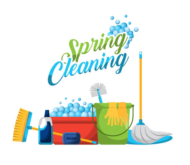 ilustraciones, imágenes clip art, dibujos animados e iconos de stock de iconos de productos y accesorios de limpieza de primavera - scrub brush