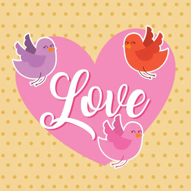 Vector illustration of love pink heart and birds flying card