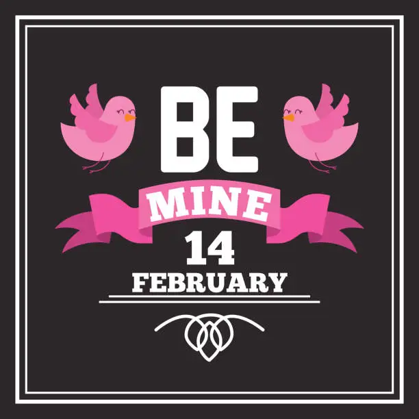 Vector illustration of be mine 14 february card with pink birds and ribbon