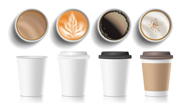 ilustrações de stock, clip art, desenhos animados e ícones de coffee cups top view vector. plastic, paper white empty fast food take out coffee menu mugs. various ocher paper cups. breakfast beverage. realistic isolated illustration - coffee top view