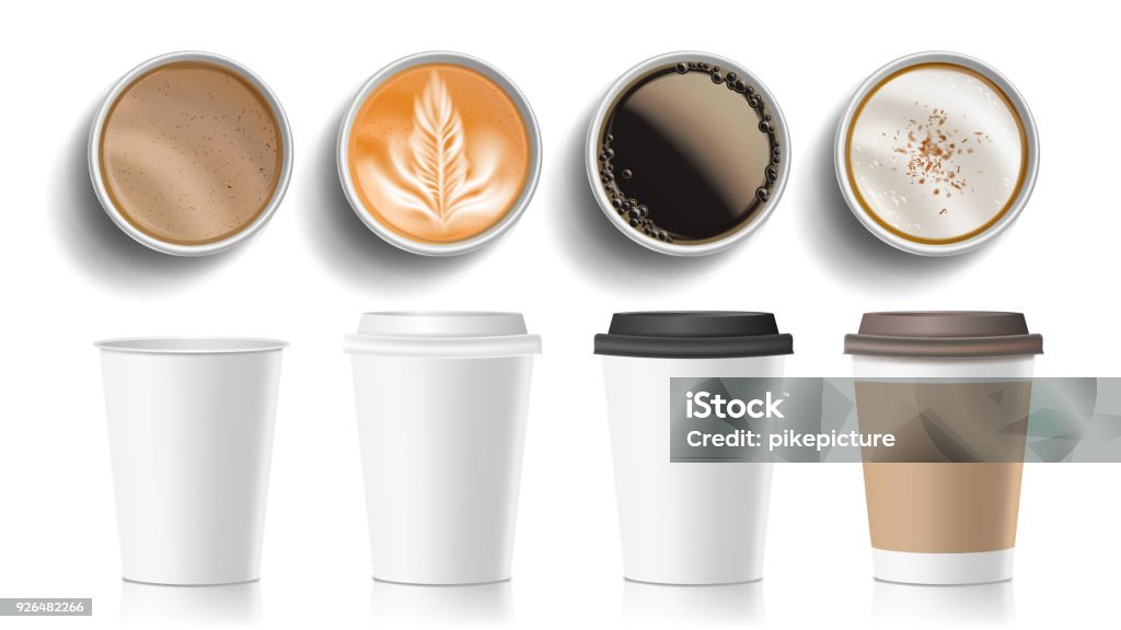 Coffee Cups Top View Vector. Plastic, Paper White Empty Fast Food Take Out Coffee Menu Mugs. Various Ocher Paper Cups. Breakfast Beverage. Realistic Isolated Illustration Coffee Cups Top View Vector. Plastic, Paper White Empty Fast Food Take Out Coffee Menu Mugs. Various Ocher Paper Cups. Breakfast Beverage. Realistic Illustration Coffee - Drink stock vector