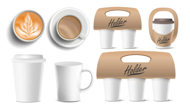 ilustrações de stock, clip art, desenhos animados e ícones de coffee packaging vector. cups mock up. ceramic and paper, plastic cup. top, side view. cups holder for carrying, one, two, three cups. hot drink. take away cafe coffee cups holder mockup. isolated illustration - coffee top view