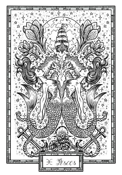 Zodiac sign Fish of Pisces with crocus flower, old ship and happy numbers Hand drawn fantasy graphic vector illustration in frame. Black and white doodle mystic drawing with engraved horoscope symbol nautical tattoos stock illustrations