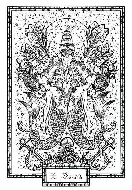Zodiac sign Fish of Pisces with crocus flower, old ship and happy numbers Hand drawn fantasy graphic vector illustration in frame. Black and white doodle mystic drawing with engraved horoscope symbol pisces fish tattoo designs drawing stock illustrations