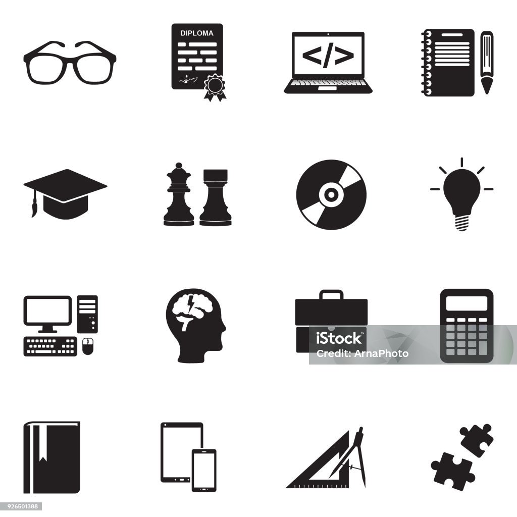 Geek Icons. Black Flat Design. Vector Illustration. Nerd, Geek, Smart, Education, School Briefcase stock vector