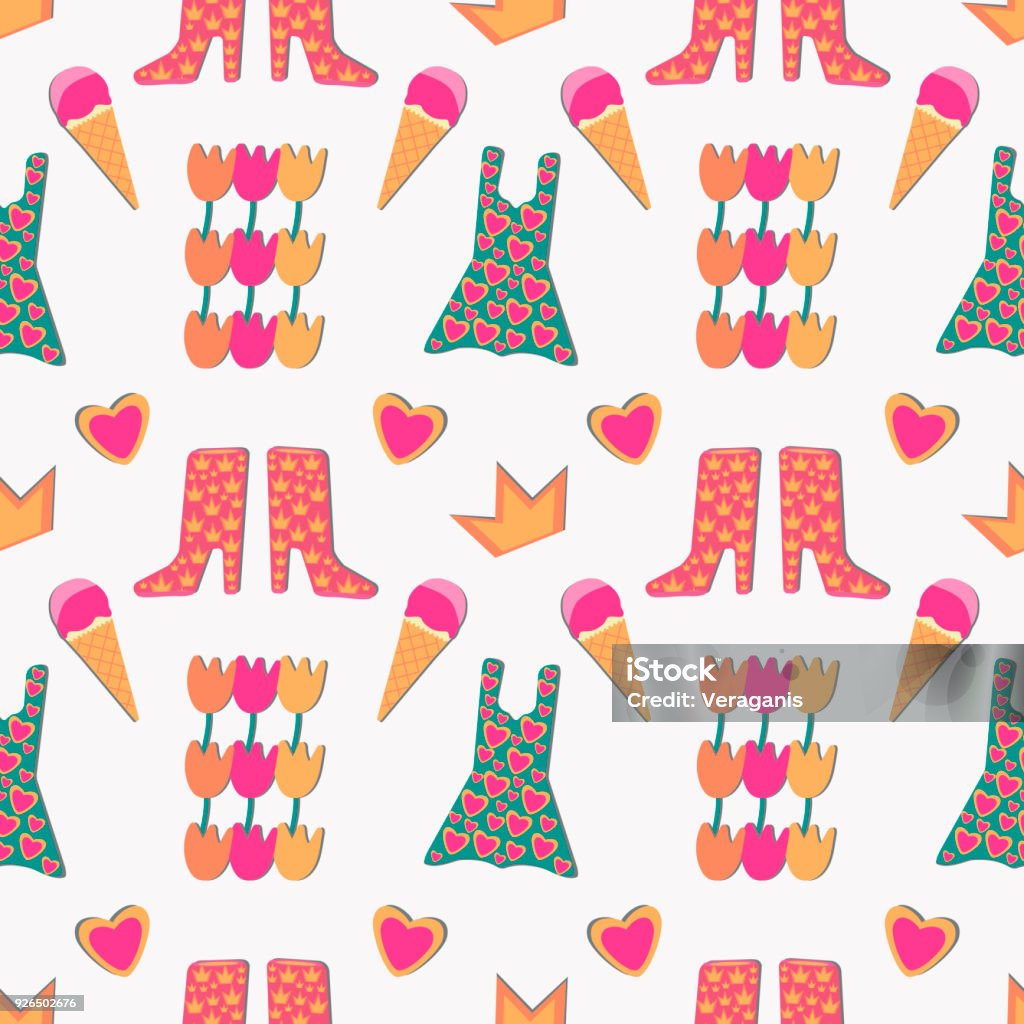 For the Internet Seamless pattern with crown, heart, boots, dress, flowers. Vector illustration. Ice stock vector