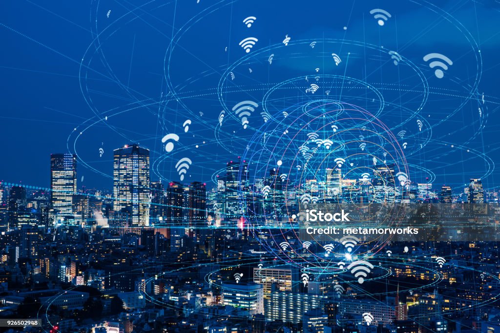 Wireless communication network concept. IoT(Internet of Things). ICT(Information Communication Technology). Smart City Stock Photo