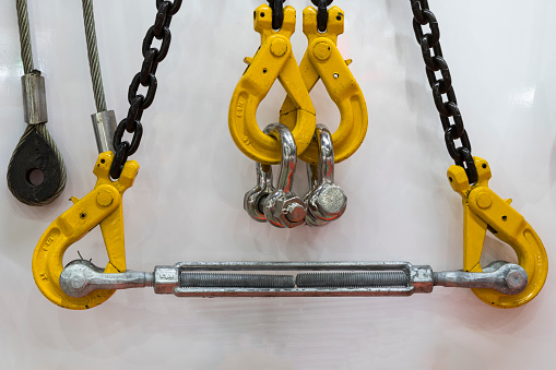 Rusty chains and bobbers on a shipyard. With copy space. Shot with a 35-mm full-frame 61MP Sony A7R IV.