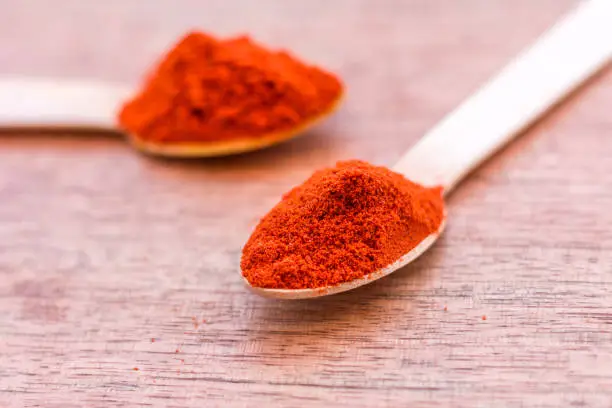 Paprika powder spices in a spoon - hot and spicy seasoning close-up image.