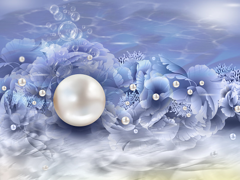 Pearl background with focus on one big pearl and many small pearls swirling under the sea with motion blur effect. Fantasy abstract pearl design background