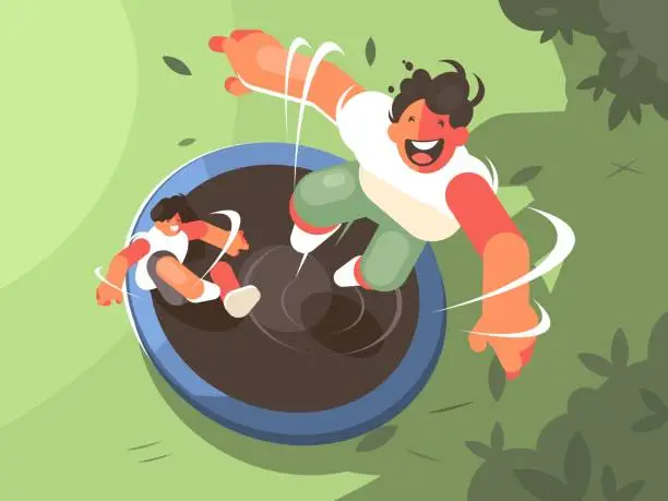 Vector illustration of Two guys jumping on trampoline