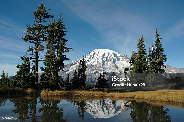Mount Rainier Odbicie - zdjęcia stockowe i więcej obrazów Bez ludzi - Bez ludzi, Chmura, Drzewo