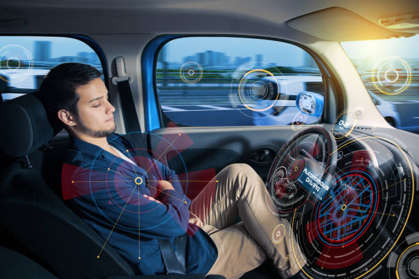 Sleeping driver in autonomous car. Sleeping driver in autonomous car. runaway vehicle stock pictures, royalty-free photos & images