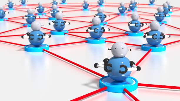 Network of platforms with bots on top botnet cybersecurity concept stock photo