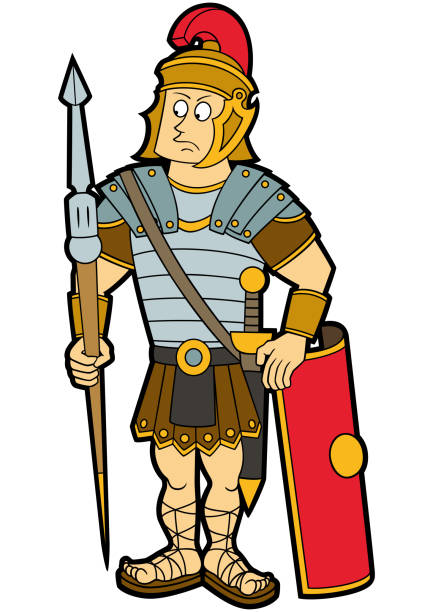 Roman legionary Illustration cartoon roman legionary soldier with a shield, a gladius, and a lance cartoon roman soldier stock illustrations