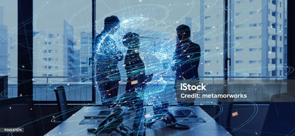 Global business concept. Silhouettes of business person and communication network. Business Stock Photo