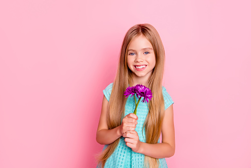 Concept of happiness, woman's day, mother's day, birthday! Portrait of cute sweet charming girl in blue holiday dress, she is holding three purple flowers, isolated on pink background, copyspace