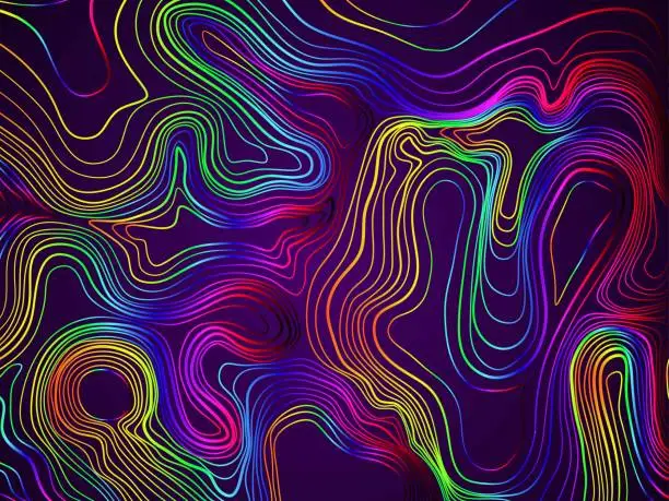 Vector illustration of Abstract Colorful rainbow topographic contours lines of mountains background. Topography map art curve drawing. vector illustration.