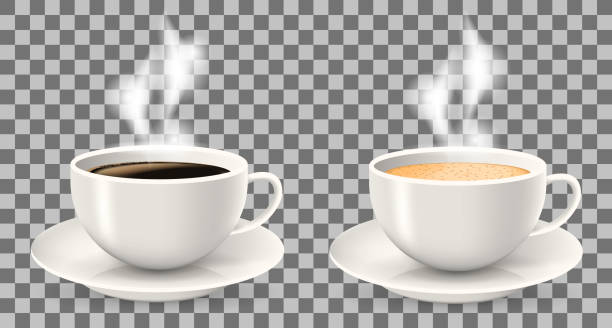 две горячие чашки кофе с паром на блюдцах. - two objects cup saucer isolated stock illustrations