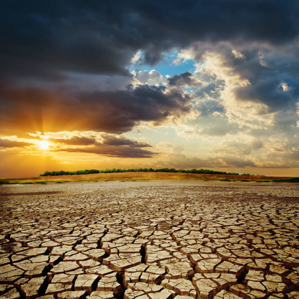 tierra de sequía en la puesta de sol. espectacular cielo sobre el desierto. cambio climático - árido fotografías e imágenes de stock