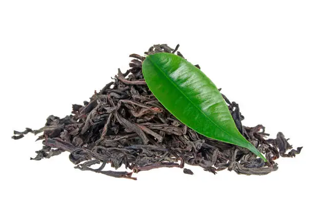 Black tea with green leaf isolated on white background