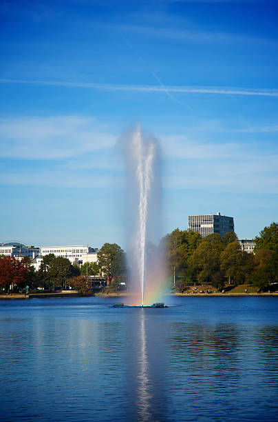 fountain on the alster. famous place for tourists. stock photo