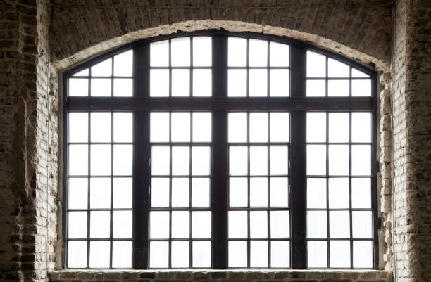 brick wall with window and white background, cut out - mullion windows imagens e fotografias de stock