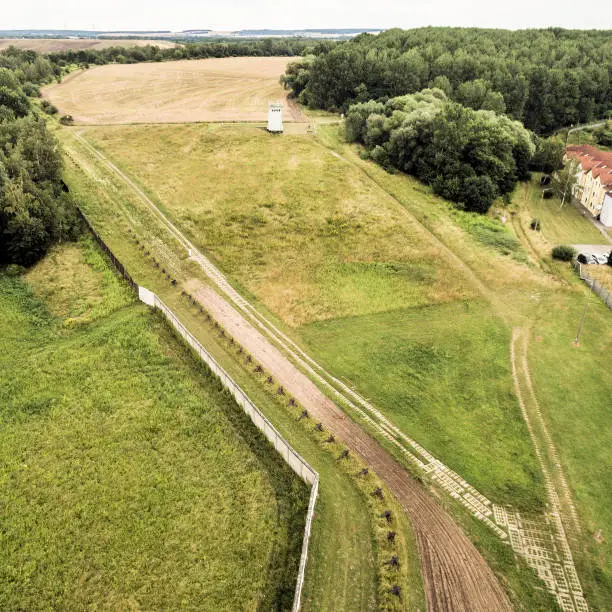Photo of The former border area between West Germany and the GDR, open-air exhibition at Hötensleben, aerial photo taken at an angle.