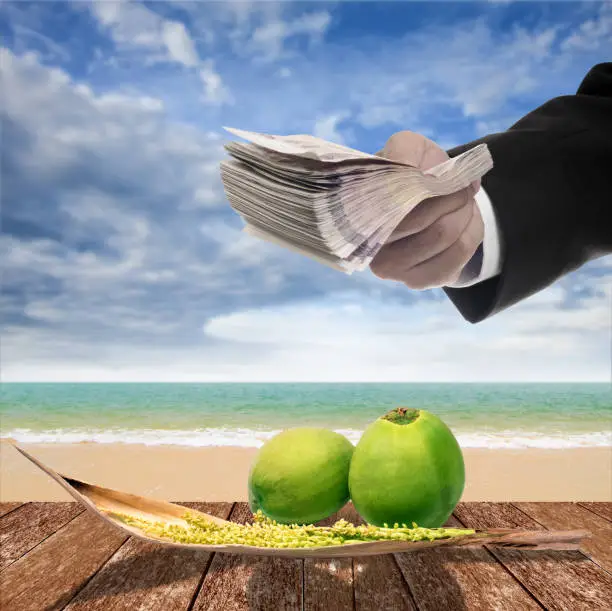 Photo of Businessman pay for coconut and spadix flower of coconut on deck and sea background