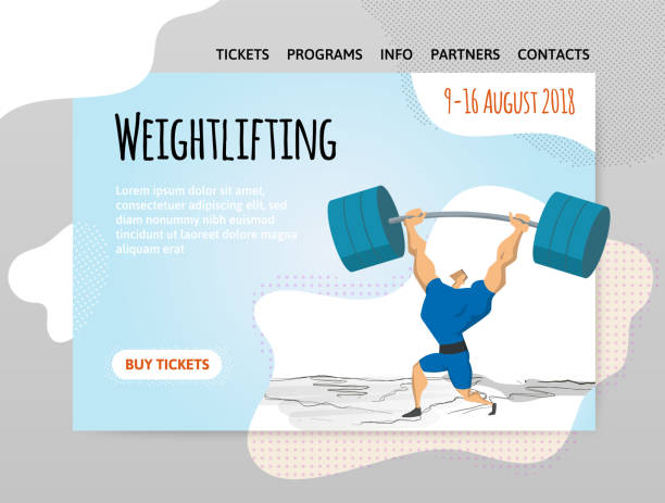 Weightlifting competition, man lifting heavy barbell over his head. Vector illutration in abstract flat style, design template of sport site header, banner or poster. Weightlifting competition. Man lifting heavy barbell over his head. Vector illutration in abstract flat style, design template of sport site header, banner or poster. cartoon muscular man lifting heavy weights stock illustrations