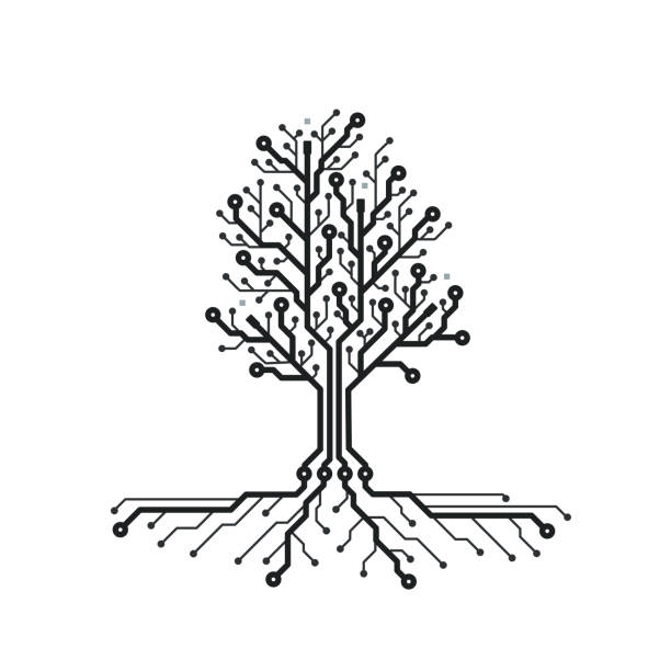 ilustraciones, imágenes clip art, dibujos animados e iconos de stock de árbol de la placa de circuito del concepto. fondo futurista con árbol de tecnología. pcb. textura blanco y negro. ilustración de vector. - raíz