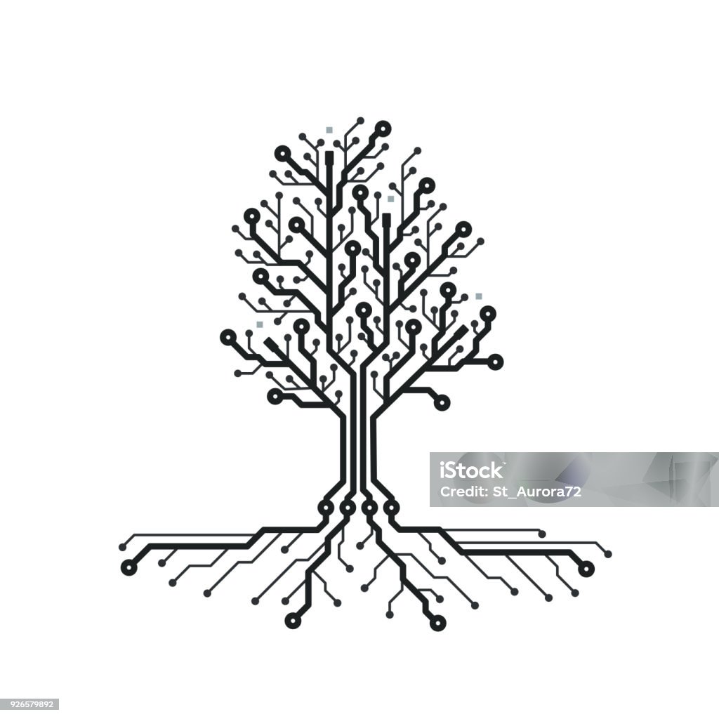 Concept circuit board tree. Futuristic background with tech tree. PCB. Black and white texture. Vector illustration. Tree stock vector