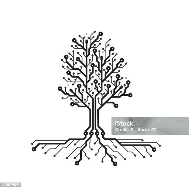 Concept Circuit Board Tree Futuristic Background With Tech Tree Pcb Black And White Texture Vector Illustration Stock Illustration - Download Image Now