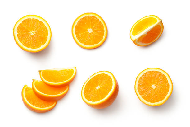 orange isolated on white background - orange slices imagens e fotografias de stock