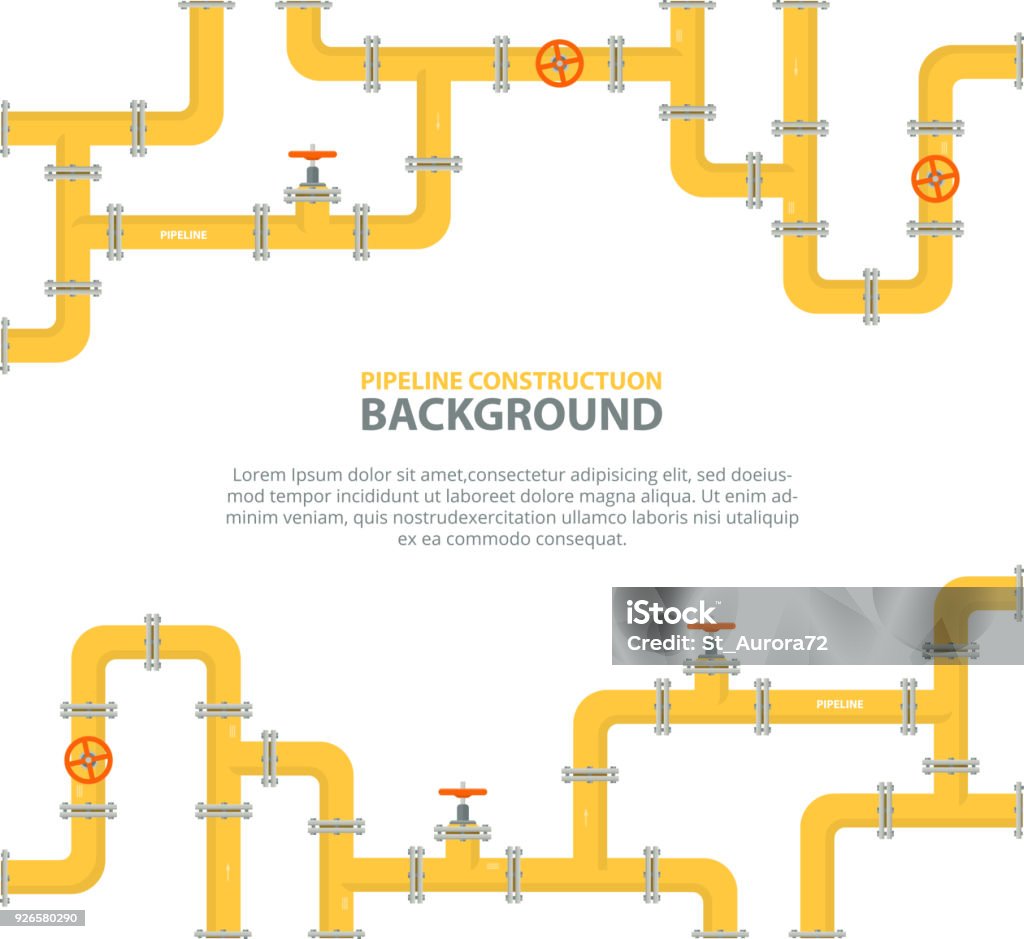Industrial background with yellow pipeline. Oil, water or gas pipeline with fittings and valves. Industrial background with yellow pipeline. Oil, water or gas pipeline with fittings and valves. Vector illustration in a flat style. Pipeline stock vector