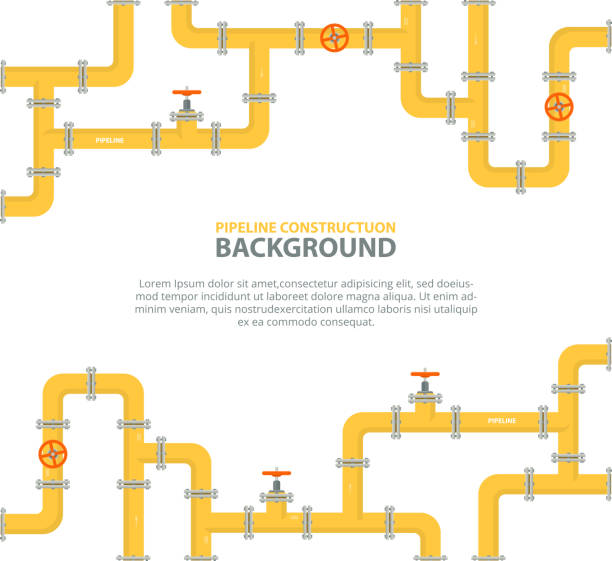 Industrial background with yellow pipeline. Oil, water or gas pipeline with fittings and valves. Industrial background with yellow pipeline. Oil, water or gas pipeline with fittings and valves. Vector illustration in a flat style. plumber pipe stock illustrations
