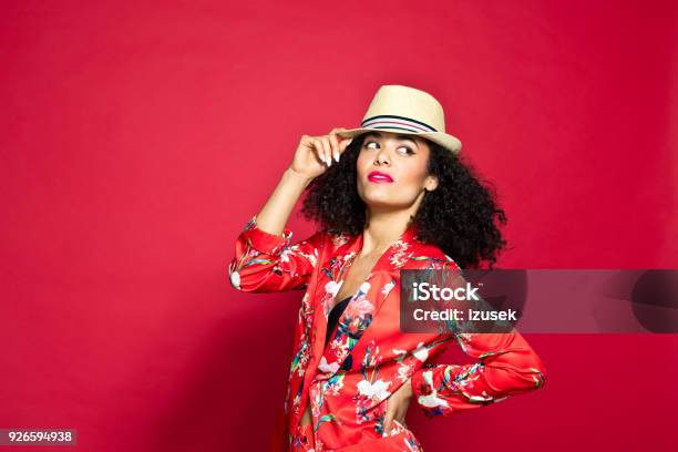Summer Portrait Of Beautiful Young Woman Against Red Background Stock Photo - Download Image Now