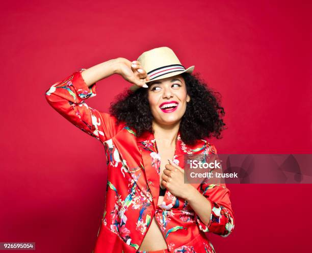 Summer Portrait Of Excited Young Woman Against Red Background Stock Photo - Download Image Now