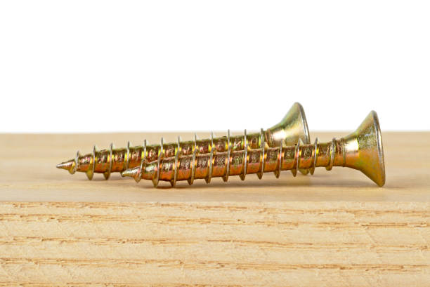 istock Two screws on wooden plank, close up 926598672