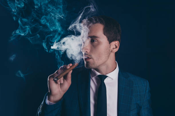 drehte sich halb gesicht portrait von attraktiven, atemberaubende, intelligent, elegant, stilvoll mann rauchende entfernt, zigarre in der hand hält, über dunkelblauen hintergrund - smoking smoking issues cigarette addiction stock-fotos und bilder