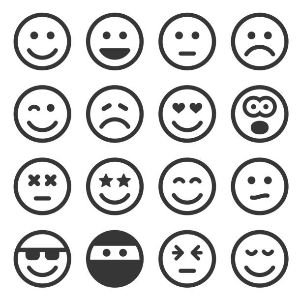 ilustraciones, imágenes clip art, dibujos animados e iconos de stock de conjunto de iconos monocromo sonrisa sobre fondo blanco. vector de - emoción negativa fotos