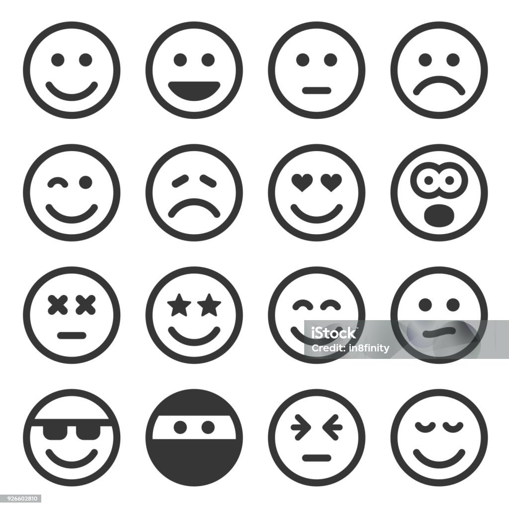 Sourire monochrome Set d’icônes sur fond blanc. Vector - clipart vectoriel de Smiley anthropomorphique libre de droits