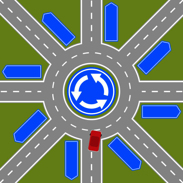 차 입력 여러 출구 로터리 - traffic roundabout stock illustrations