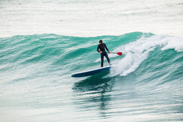 Surfer on stand up paddle board on blue wave. Paddle surfing in ocean