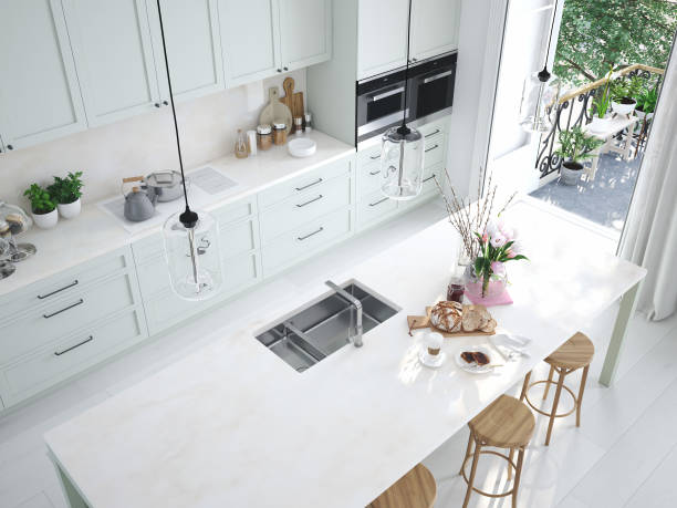 istock top view modern nordic kitchen in loft apartment. 3D rendering 926622258