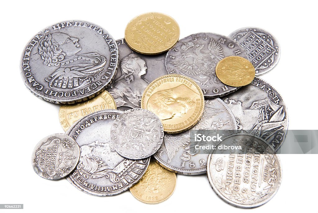 Antigo moedas de ouro e prata isolado em fundo branco - Royalty-free Antigo Foto de stock