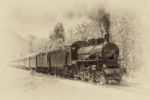 Old steam locomotive in vintage style