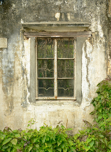 old decaying building with broken windows, close view
