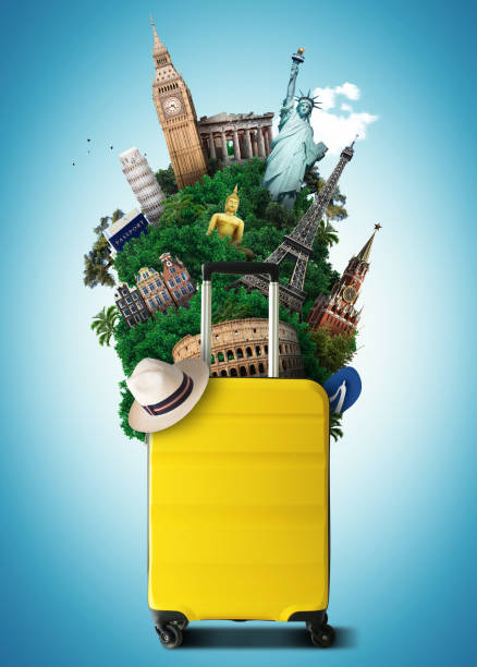istock Yellow travel bag with world landmark 926636088