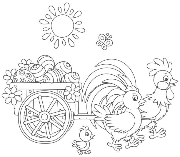 ilustrações, clipart, desenhos animados e ícones de família de frango com um carrinho de ovos de páscoa - easter egg paint black and white drawing